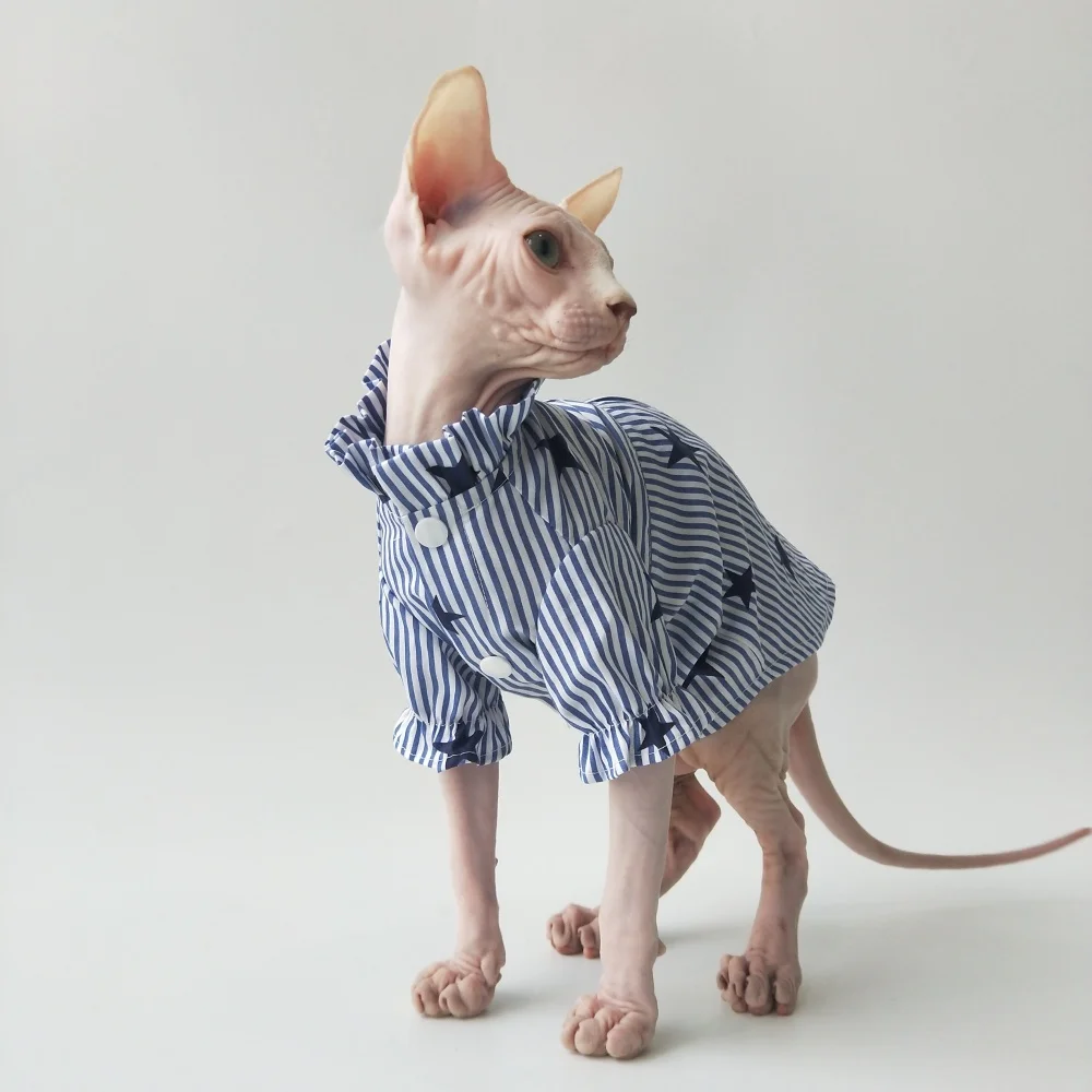 Camisa de estrella a rayas estilo caballero británico con corbata para Sphinx Cat Primavera Verano Camiseta de mangas de capullo de flor azul para gata - imagen 4