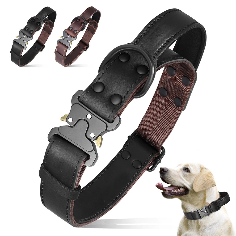 Collar de perro de cuero auténtico con mango, Collar de cuero militar táctico para perros medianos y grandes, entrenamiento de pastor alemán y caza