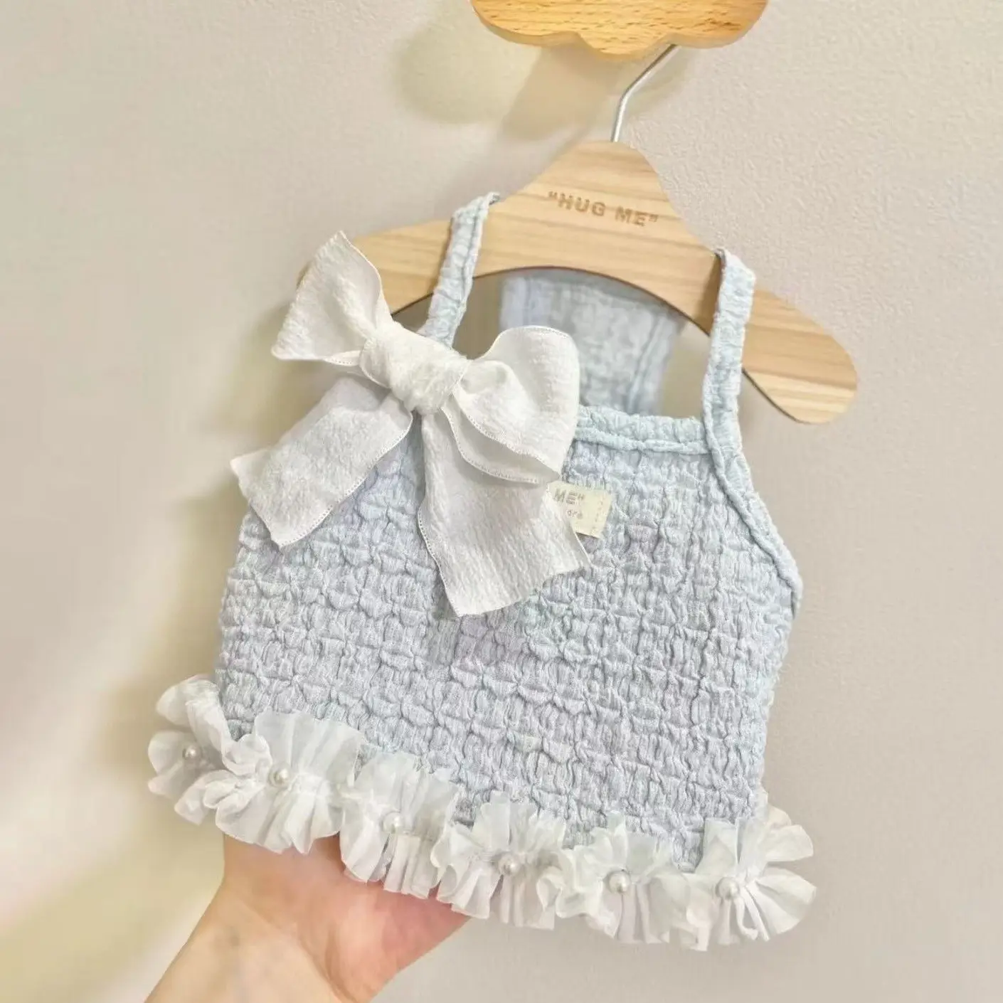 Camisola de encaje con lazo de perlas hecha a mano para primavera y verano para mascotas, vestido camisola bonito, ropa para perros pequeños, ropa para cachorros