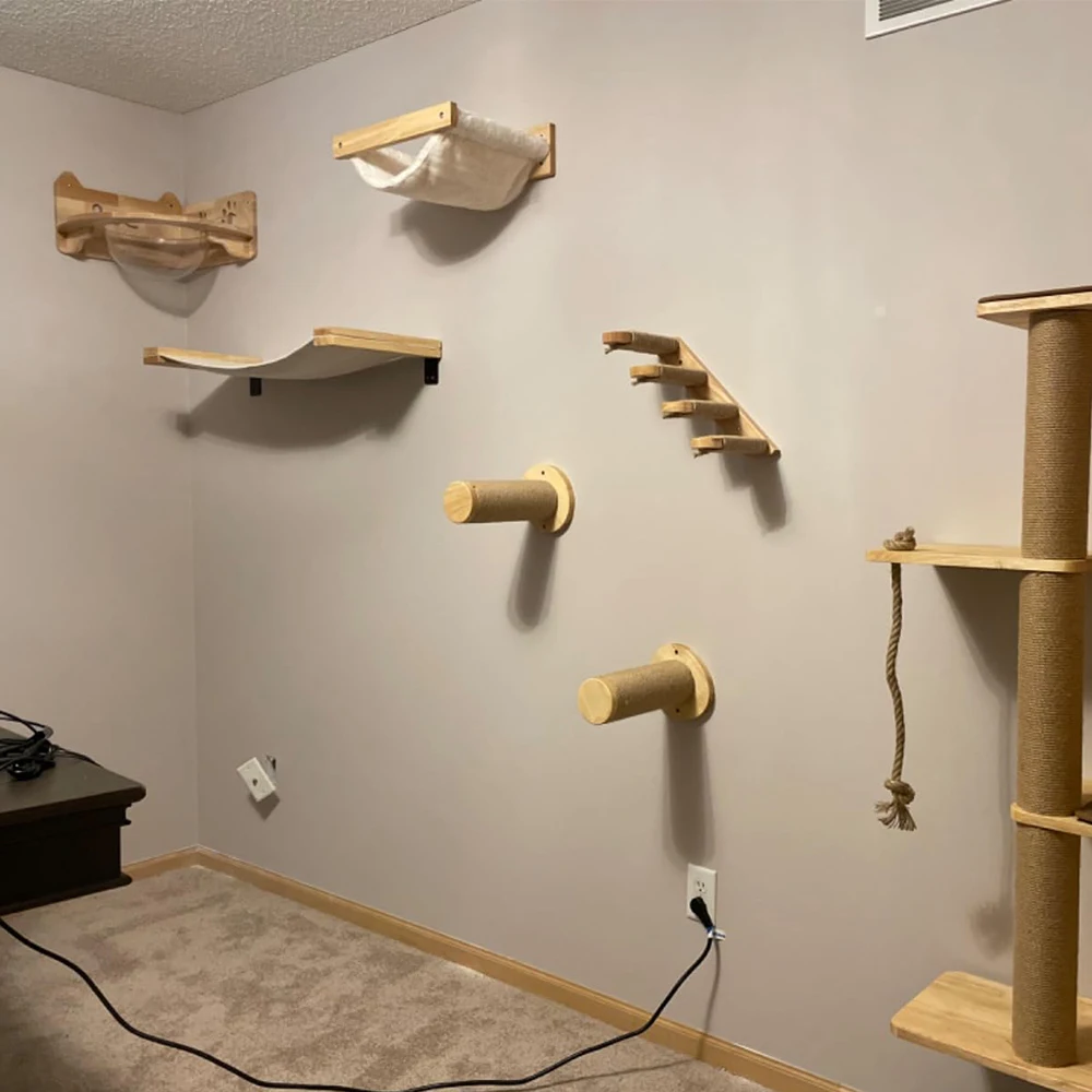 Hamaca montada en la pared para gatos, poste de rascado de madera maciza de Sisal, pedales para gatitos, muebles interiores para dormir - imagen 5