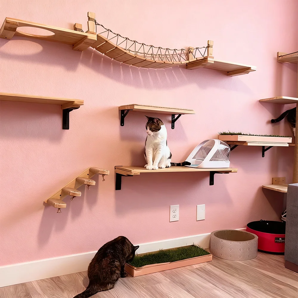 Estantes y perchas de pared para gatos, muebles para gatos montados en la pared con puente de hamaca, árbol para gatos y postes rascadores para gatos de interior - imagen 3