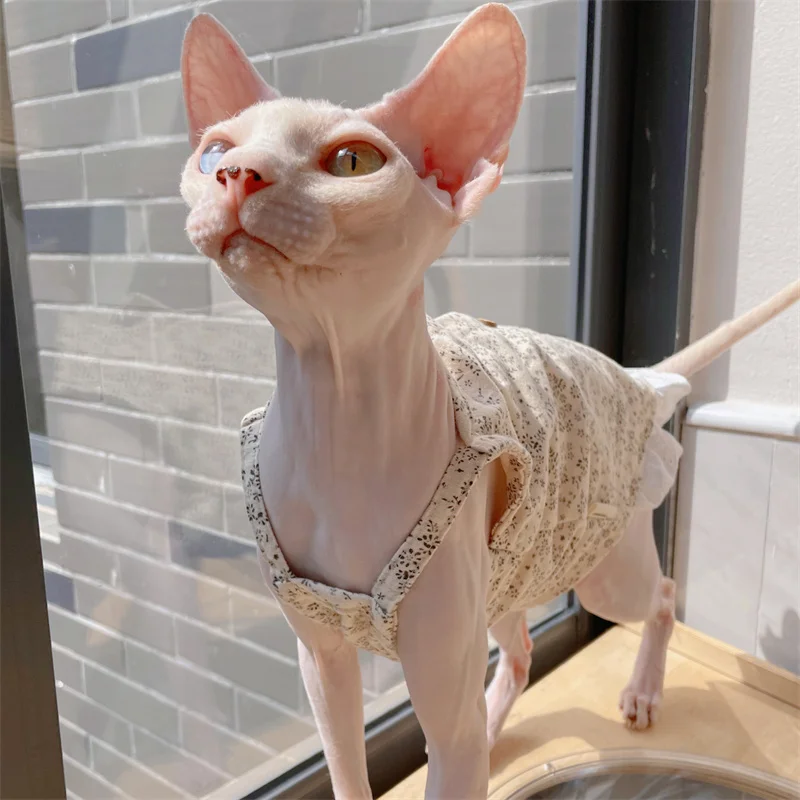 Sphynx Cat Clothes Vestido floral de encaje de algodón para gatitos Chaleco dulce de primavera para mujer Camiseta de cárdigan vintage de gato para Devon Rex - imagen 4