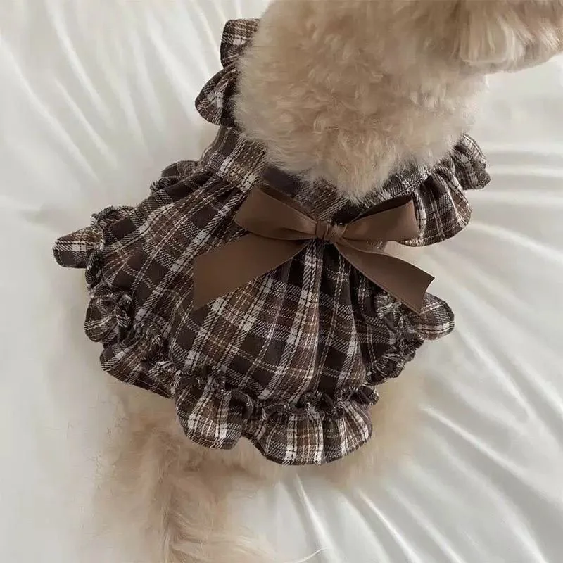 Pantalones de capullo de flor a cuadros para mascotas, falda bonita de calabaza, falda con lazo a cuadros de princesa para perros, ropa para cachorros de peluche, pijamas para perros - imagen 4