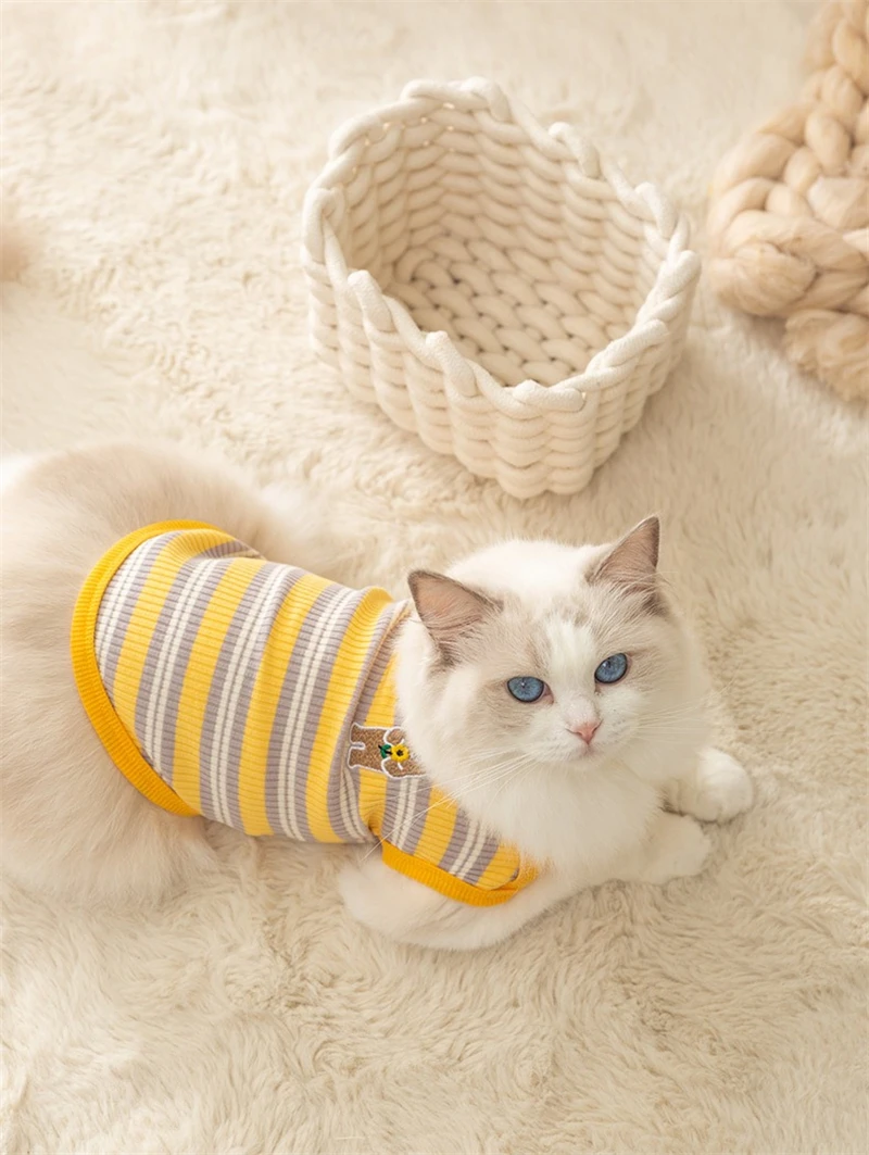 Ropa a rayas de oso de dibujos animados para perros, ropa acogedora para Bulldog Francés, ropa de verano para mascotas, Polo, camiseta, chaleco para gatos de alta elasticidad - imagen 3