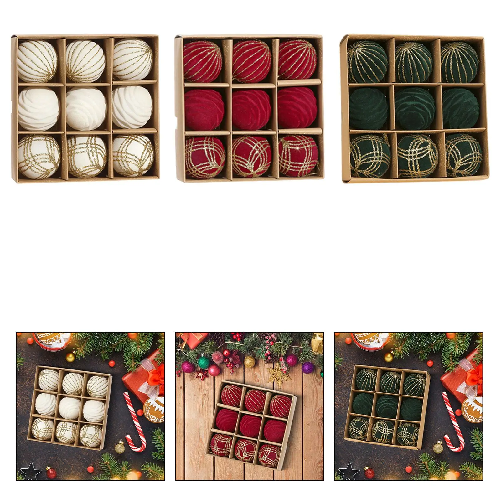 9 Uds. De bolas navideñas de terciopelo de 2,4 pulgadas, decoración multiusos ligera y resistente para manteles festivos, decoración inastillable