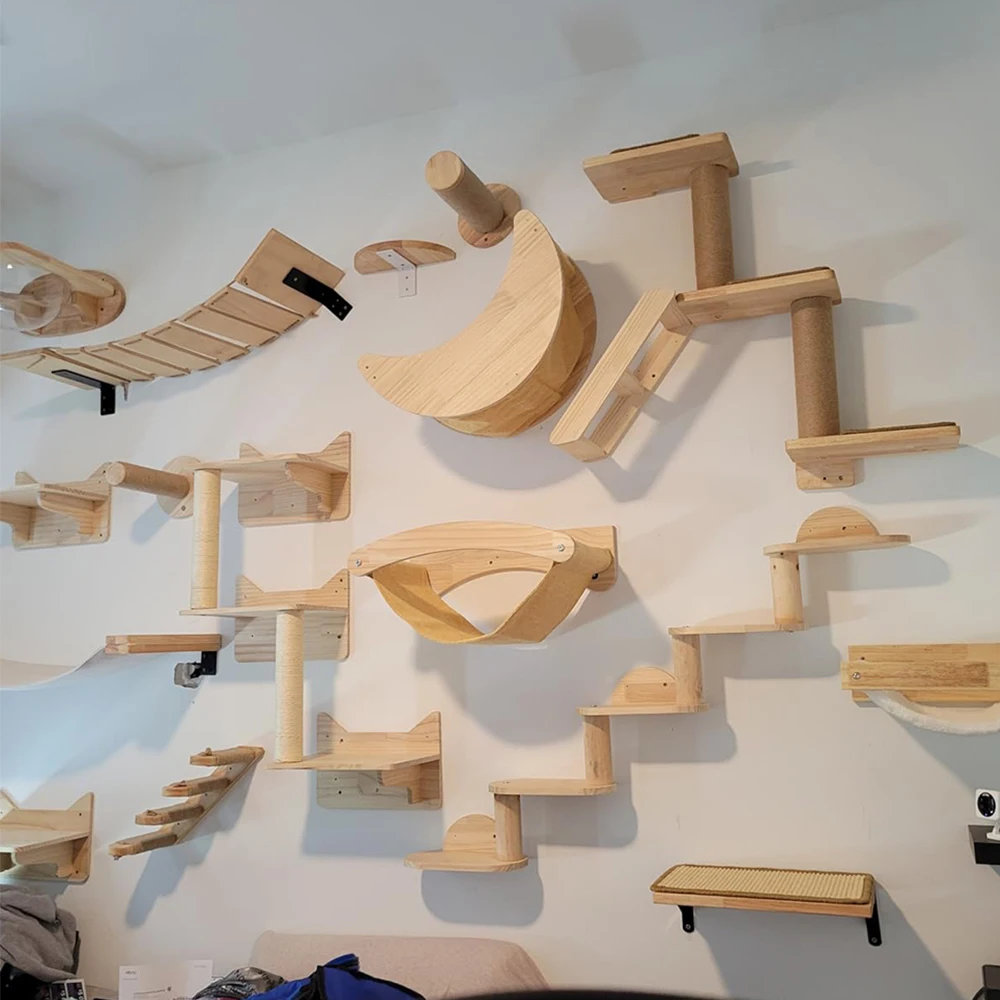 Muebles de madera montados en la pared para gatos, perchas rascadores de Sisal, hamaca interior para gatos y estantes de escalada para rascar y descansar gatos - imagen 5