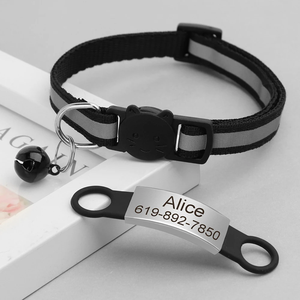 Collar de gato con grabado personalizado, Collar reflectante con hebilla de seguridad, ajustable, de nailon, para cachorros y gatitos - imagen 5