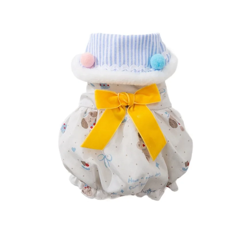 Falda de calabaza de invierno para cachorros, chaqueta cálida de invierno para perros, abrigo de algodón con forro polar estilo princesa con lazo de peluche - imagen 5