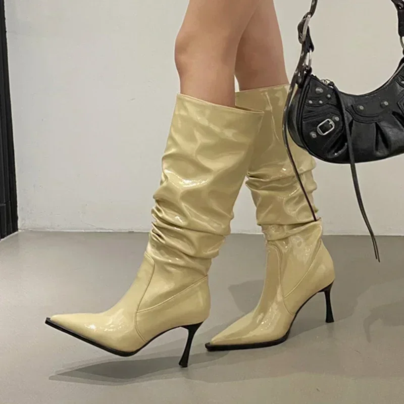 Botas altas de cuero para Mujer, zapatos sexis de tacón alto con punta puntiaguda, Botas Chelsea de fiesta a la moda para Mujer, Botas de nieve nuevas para Mujer - imagen 5
