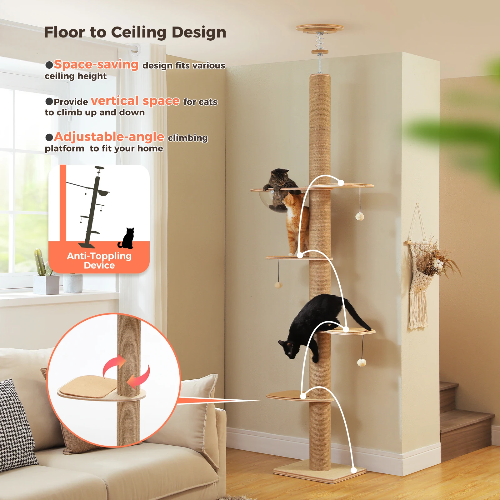 Árbol para gatos techo suelo altura ajustable poste cueva acrílico - imagen 3
