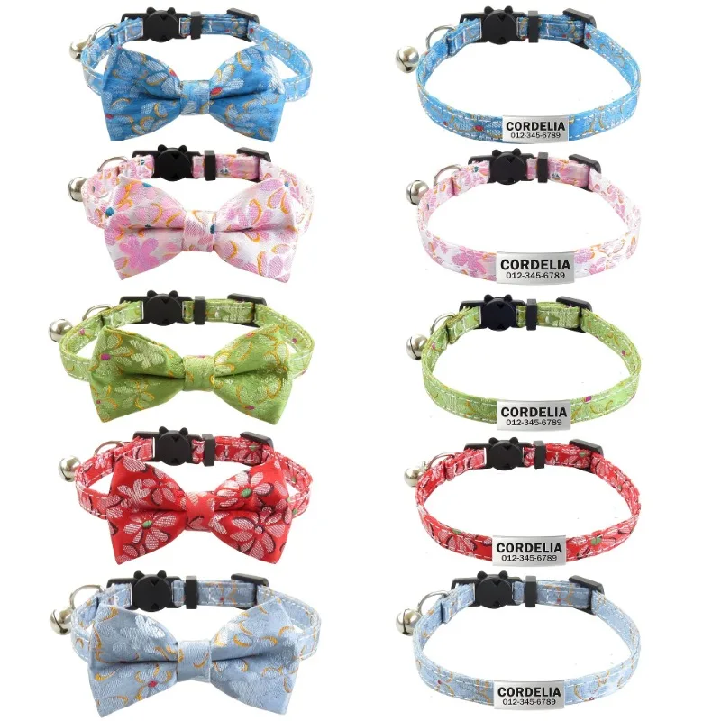 Collar de gato personalizado, etiqueta de nombre, lazo desmontable, hebilla de seguridad ajustable, pajarita, campana