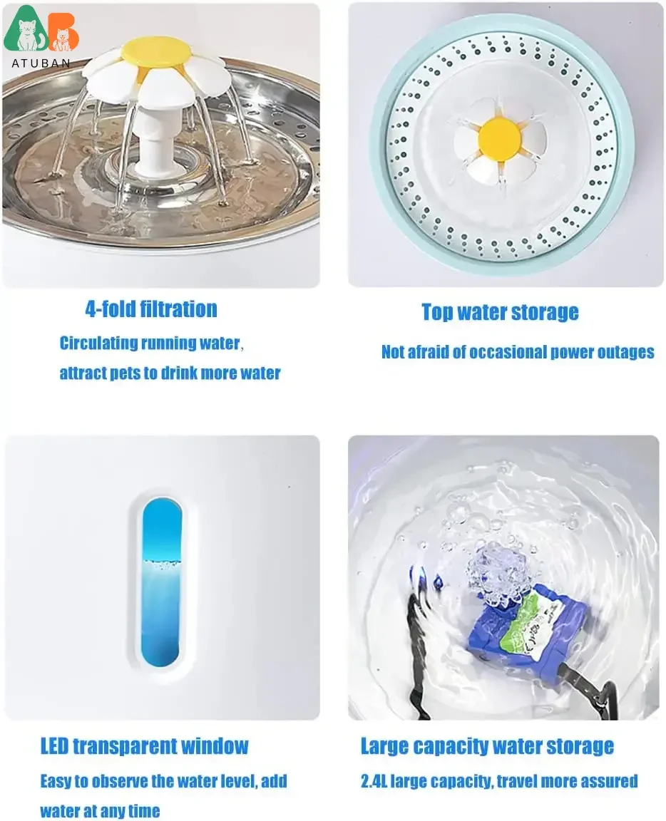 Fuente de agua para gatos ATUBAN, filtros de repuesto para fuente de agua para mascotas de 81oz/2,4 L, fuente para beber automática de acero inoxidable para gatos - imagen 4