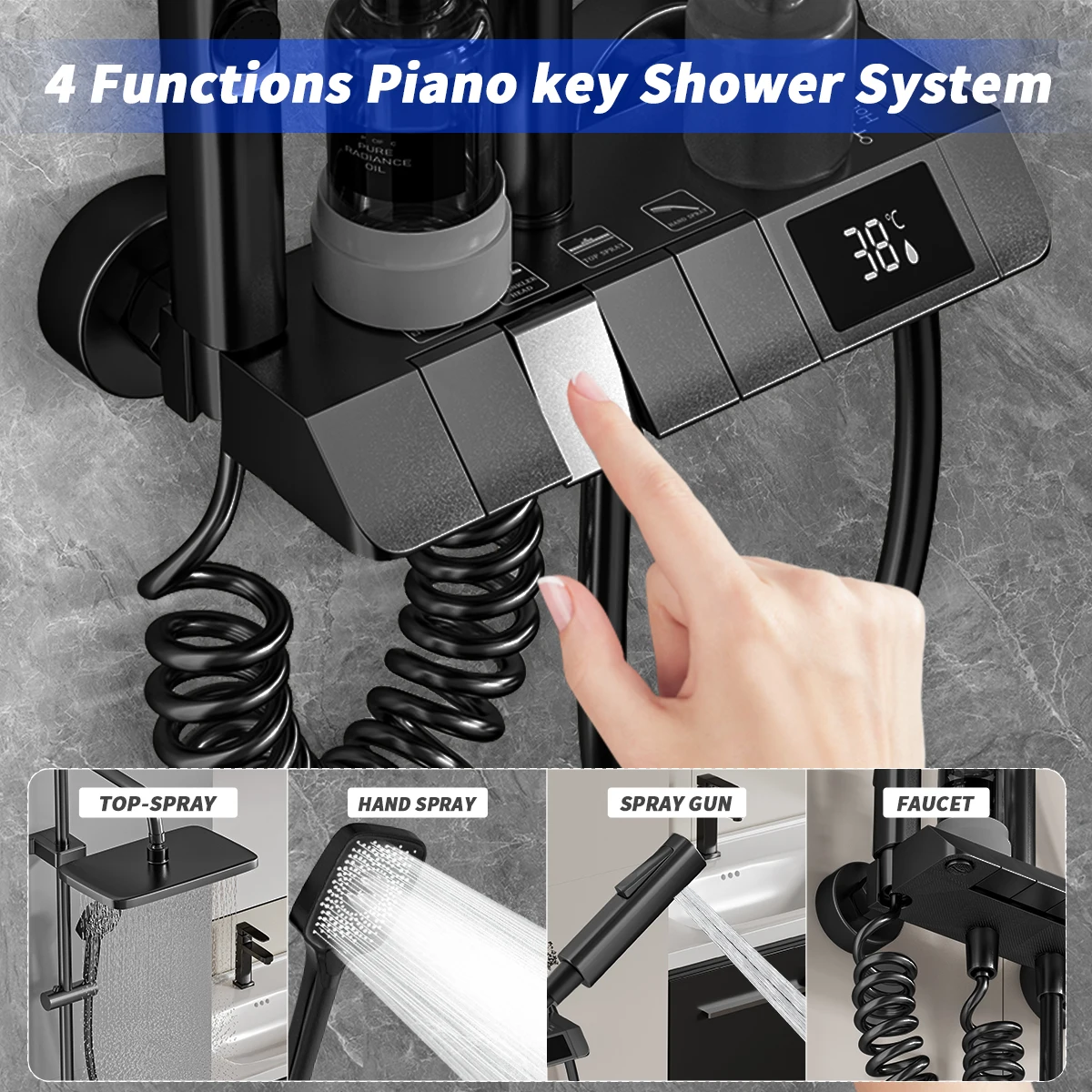 Juego de grifo de ducha de baño, termostato de ducha con pantalla Digital de 4 funciones, mezclador de ducha fría y caliente, grifos de cobre de descarga de presión - imagen 5