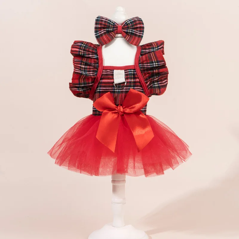 Falda mullida de malla navideña para mascotas, falda a cuadros para perros, chaleco de malla de retales, vestidos para perros pequeños, otoño e invierno