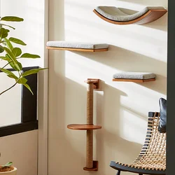 Estantes de madera para árbol de gato montados en la pared, postes rascadores, torre para gatos trepadora, hamaca con perchas flotantes sólidas, escalones y escalera