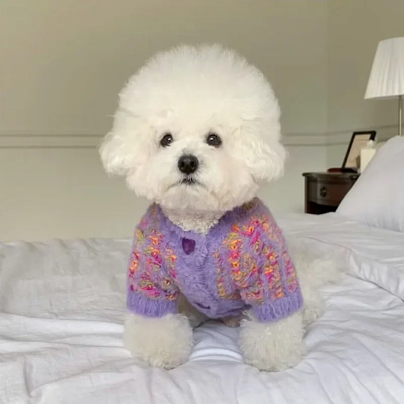 Caliente invierno mascota maltés alta definición tejido invierno Teddy suéter ropa para perros Bichon Frise suave dos patas suéter con botones abiertos - imagen 4