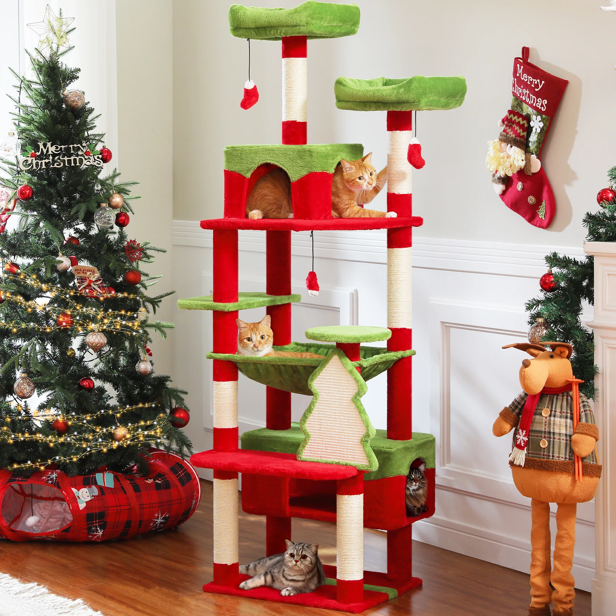 Árbol de Navidad para gatos con poste para rascar cubierto de sisal, perchas acolchadas, torre para gatos de 180 cm con 2 casas y cesta para gatos de interior