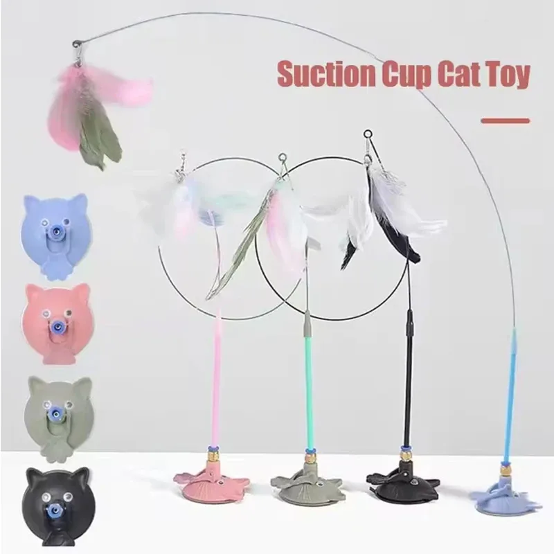 Varita de plumas para gatos con campana, juguete interactivo con ventosa para gatitos y gatos, accesorios divertidos para jugar a Enga
