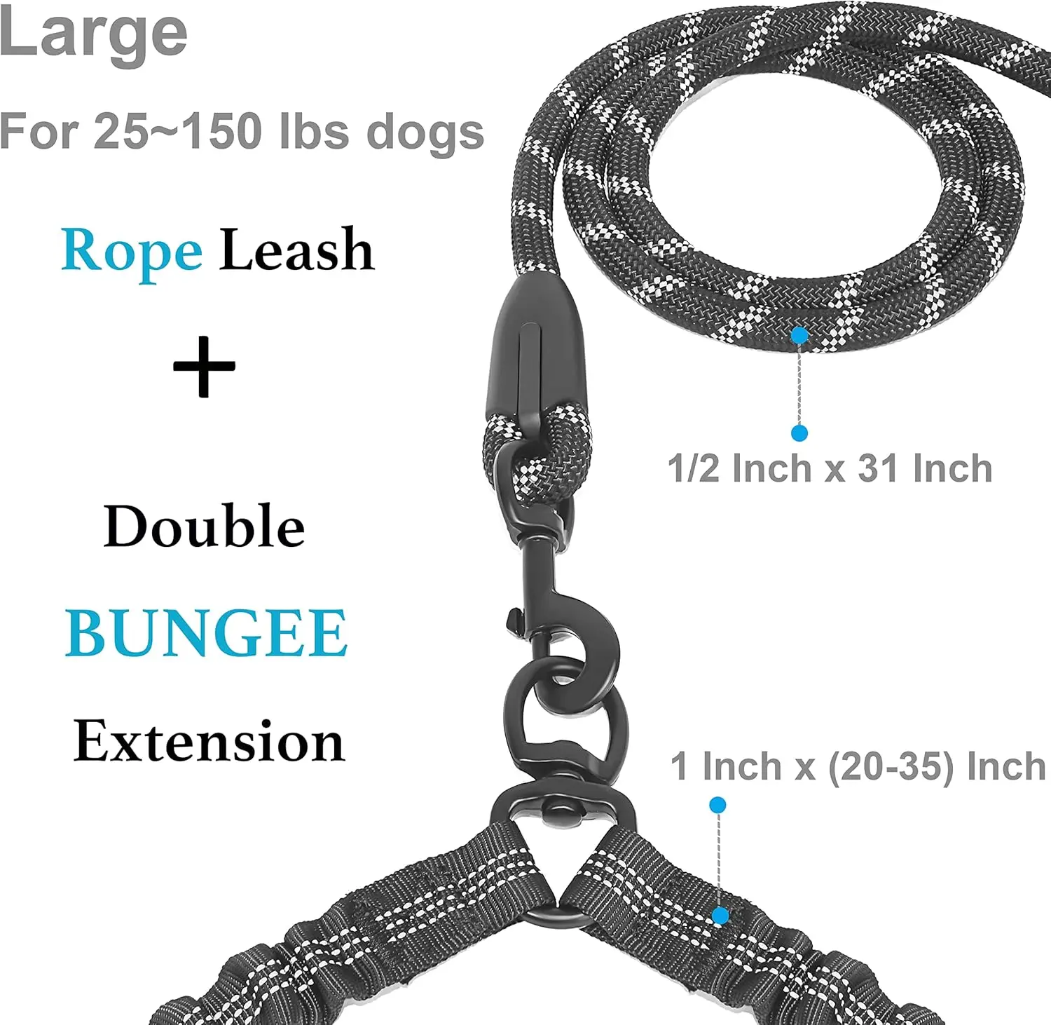 Correa doble para perro, correa doble para perro, correa giratoria 360 sin enredos para caminar, cuerda elástica que absorbe los golpes para dos perros - imagen 2