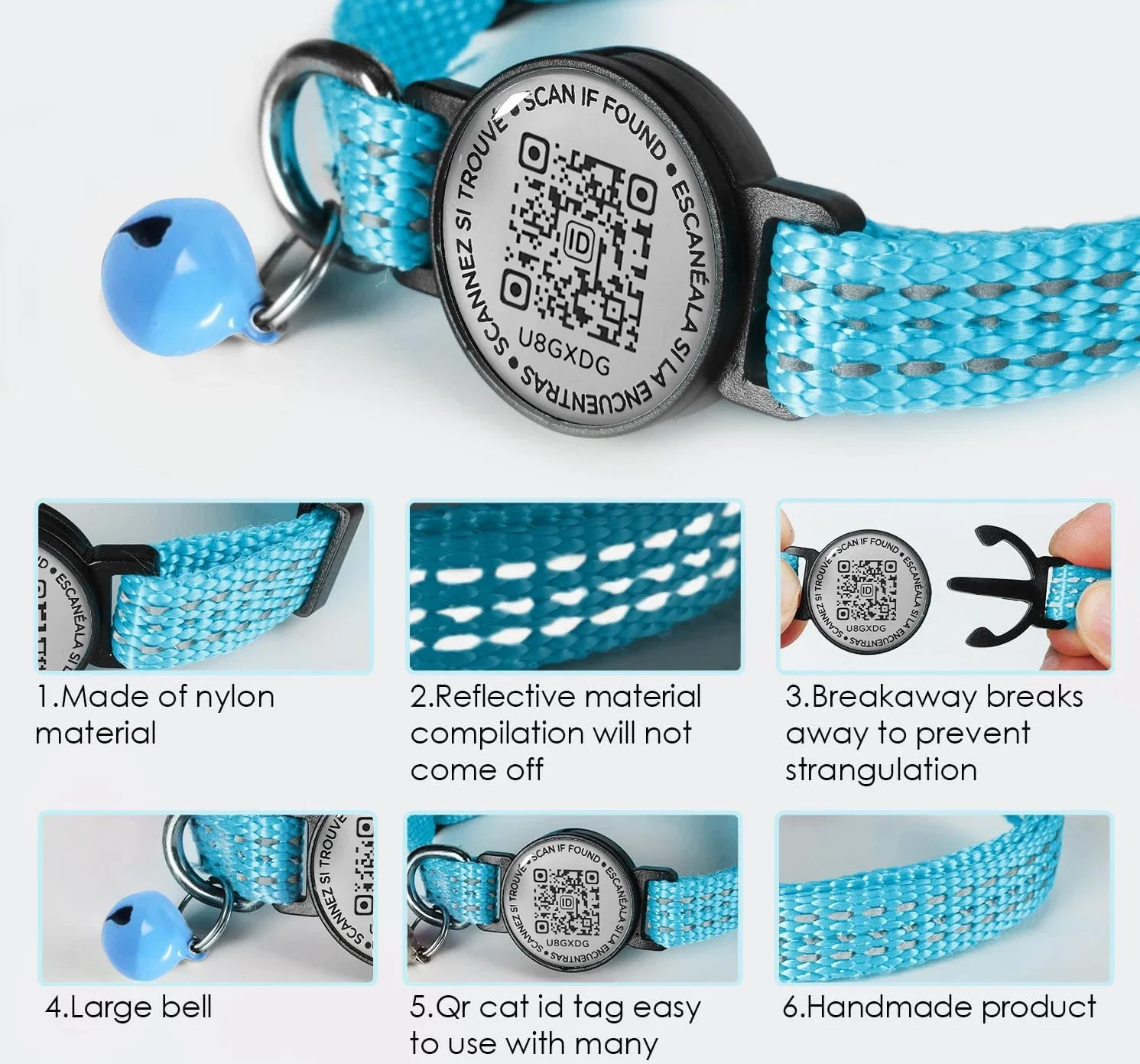 Collar para gato con etiqueta para mascotas QR Code con etiqueta de identificación y campana, accesorios para cachorros y gatos, collares reflectantes para gatitos, etiqueta para gatos, liberación rápida de seguridad - imagen 2