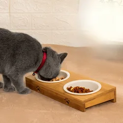 Comedero doble elevado de cerámica y bambú para gatos y perros