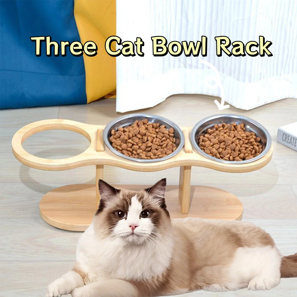 Comedero elevado de madera para mascotas, 3 cuencos de acero inoxidable para gatos, inclinados, antiobstrucción para gatos y perros, diseño desmontable y fácil de limpiar