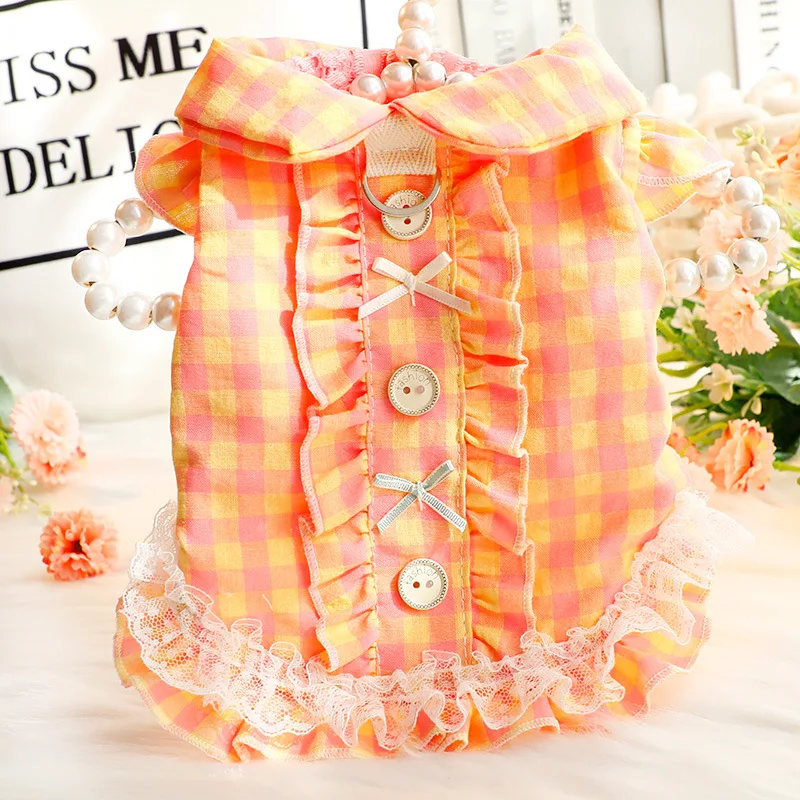 Lindo vestido de princesa con estampado de cachorro, camisas de algodón, ropa transpirable, diseño de encaje Adorable para la camisa de novia para perros pequeños - imagen 2