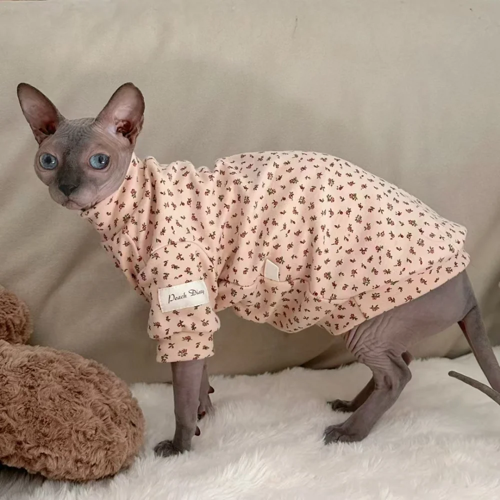Camisa de algodón floral suave para bebé de manga larga de gato Sphynx Dibujos animados lindo oso loungewear para Devon Rex Abrigo de rayas azules en primavera