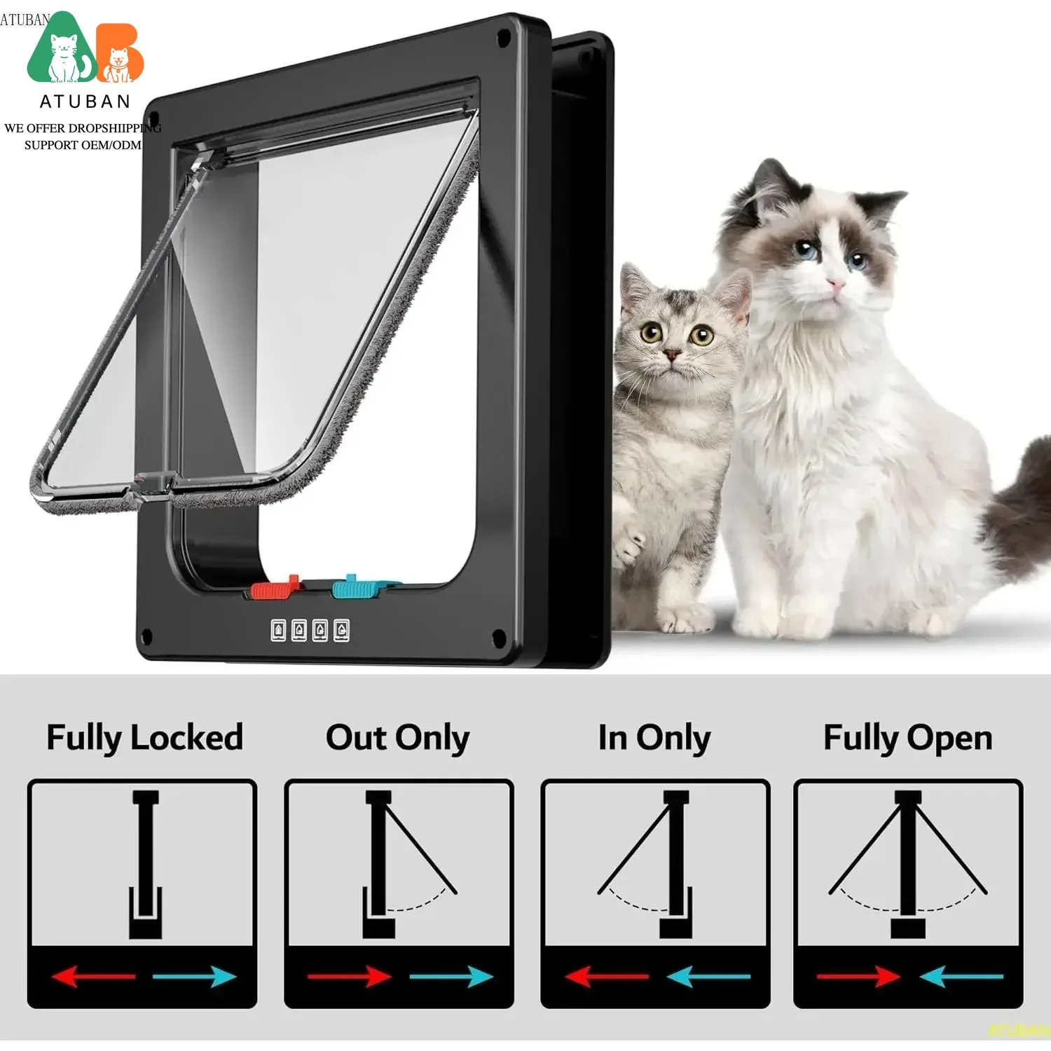 ATUBAN Puerta interior grande para gatos Puerta para mascotas para puerta exterior para gatos Bloqueo de 4 modos Adecuado para ventanas y paredes, Fuerte y duradero - imagen 3