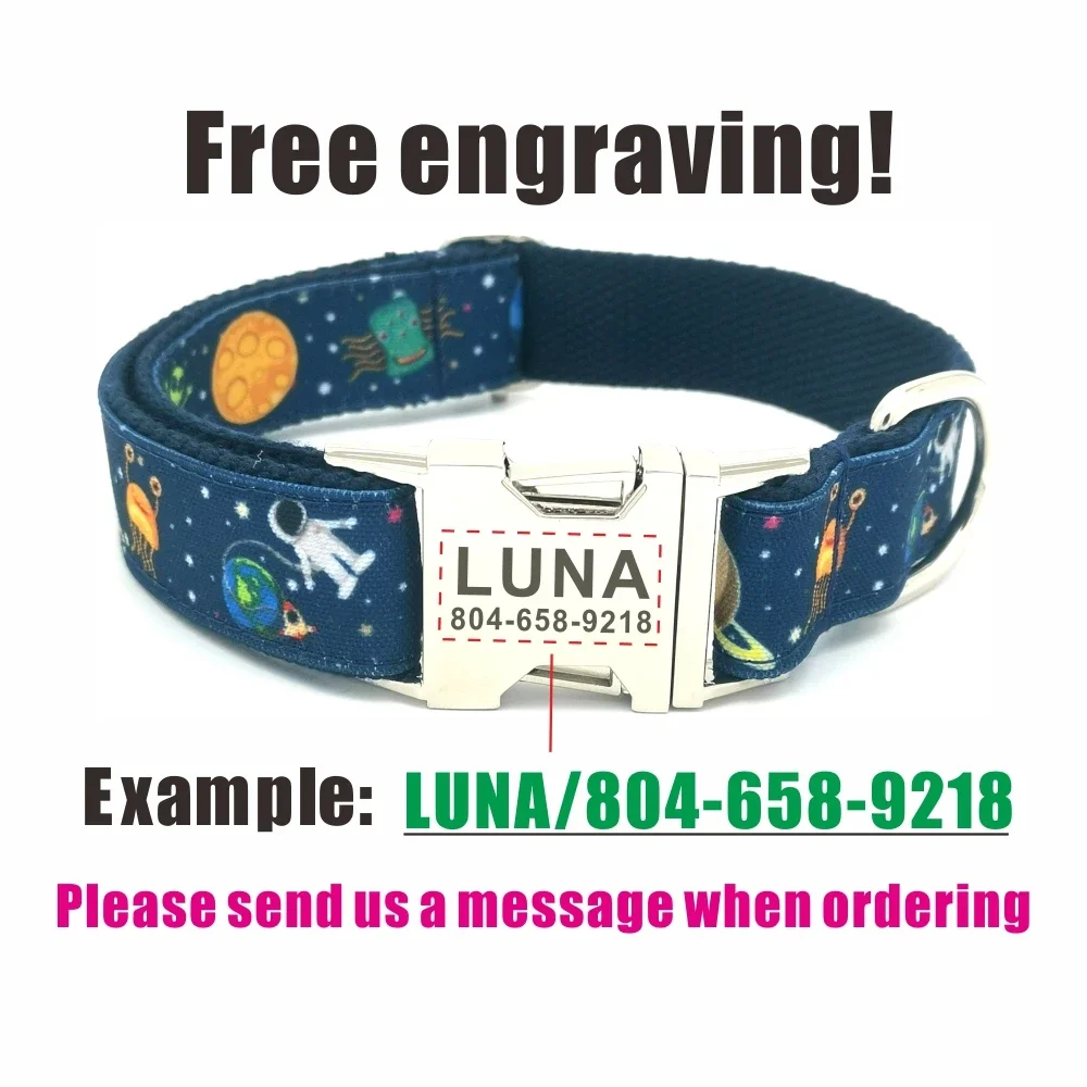 Collar de perro personalizado con grabado gratuito, correa para mascotas a juego, hebilla de Metal de contactos personalizados, Collar para mascotas Monster Alien Blue - imagen 4