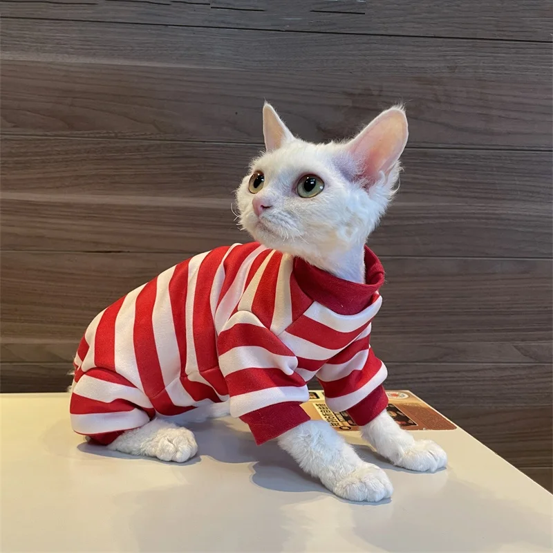 Sudadera a rayas de cuatro patas para gato esfinge, disfraces navideños cálidos rojos para gatos, camiseta interior de lana gruesa para gatitos en invierno - imagen 2