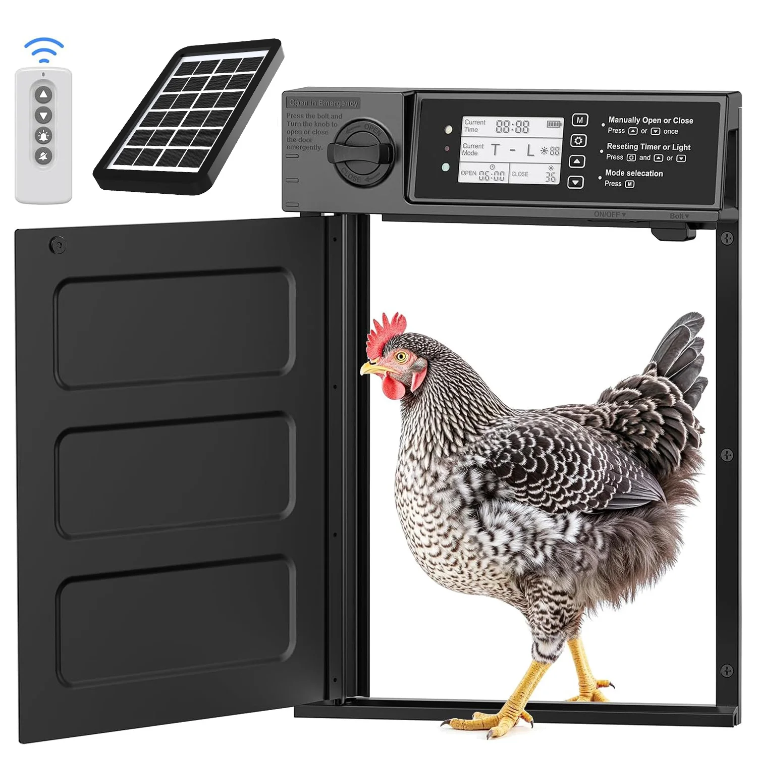 Puerta automática solar para gallinero con temporizador y sensor
