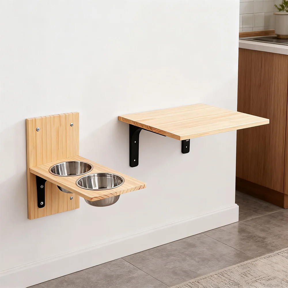 Estante de madera para alimentación de gatos montado en la pared con cuencos dobles de acero inoxidable para comida y agua, muebles para gatos para comer y descansar - imagen 3