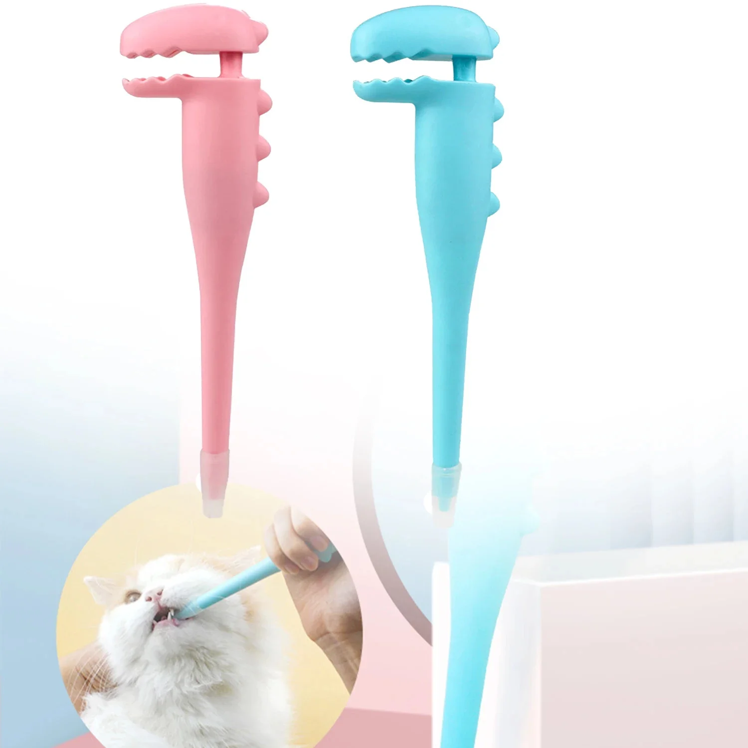 Dispensador de pastillas para mascotas 2 en 1 con puntas de silicona suave - Alimentador de medicina antiastres para gatos/Hamsters/animales pequeños Azul y rosa - imagen 2