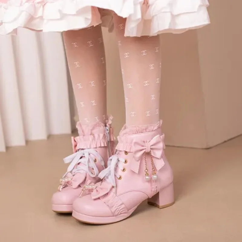 Botas de tacón alto Lolita de gran calidad para mujer, zapatos blancos, decoración de encaje, botas con lazo de tacón grueso con cordones para mujer - imagen 3