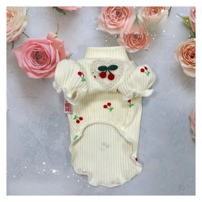 Ropa bonita para mascotas, camisa inferior con estampado de cereza, camisa de cuello alto con manga de burbuja de peluche, ropa elástica tejida para cachorros pequeños de oso - imagen 3