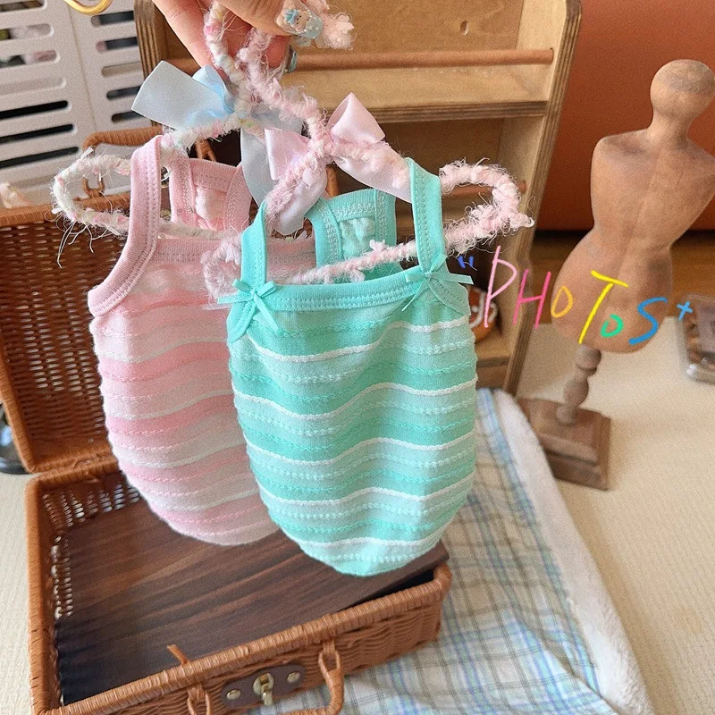 Camisola a rayas para mascotas, Top de color caramelo, transpirable para primavera, oso de peluche, bonito chaleco de malla para mascotas, ropa para cachorros - imagen 3