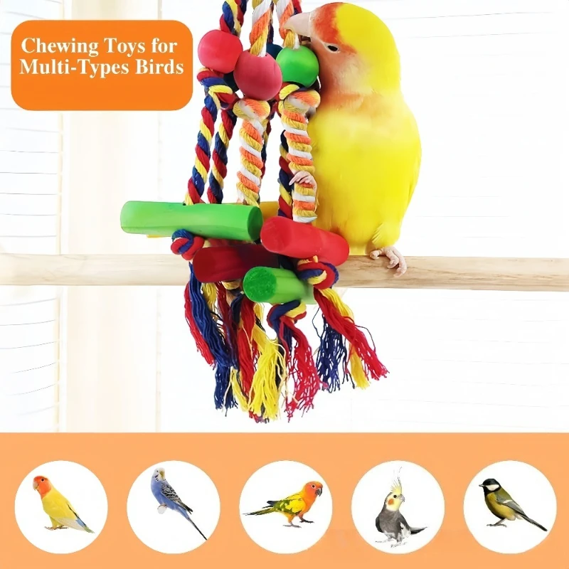 Juguete colorido para masticar loros con bloques de madera y cuerda de algodón, juguete rasgado de pájaros de madera Natural para Conure, cacatúa, jaula para periquitos - imagen 5