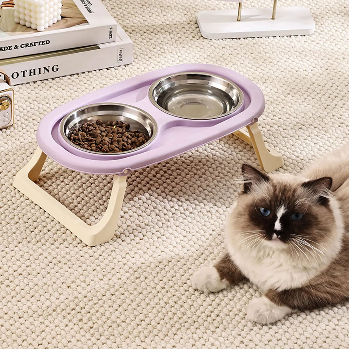 Cuenco plegable de acero inoxidable para mascotas, cuenco de comida para gatos, cuenco de comida para perros, protección del cuello, doble cuenco de pie alto, 1 ud. - imagen 2