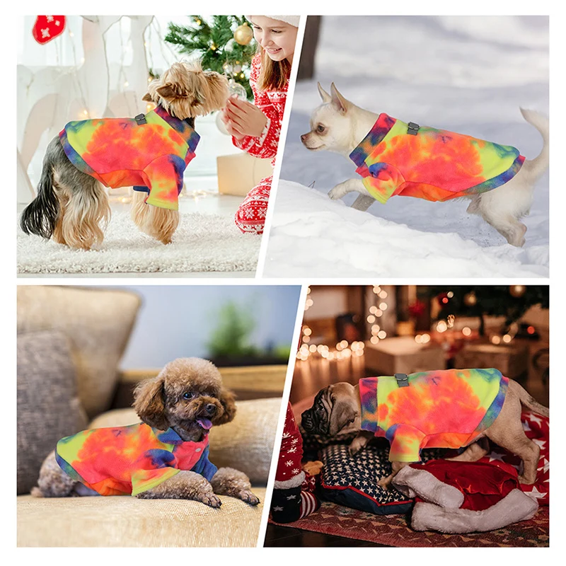 Sudadera con capucha para perro Tie Dye, abrigo polar cálido de invierno con agujero para correa de bolsillo para perros pequeños y medianos, suéter para cachorros en clima frío - imagen 5