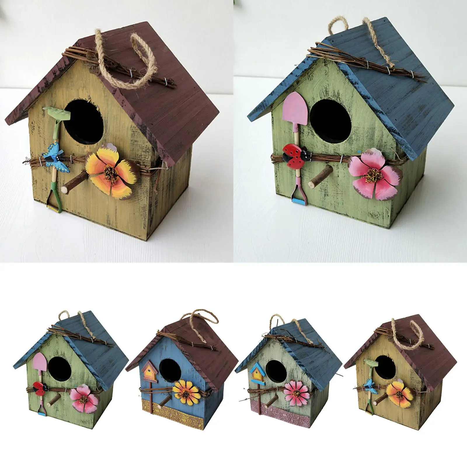 Hand-painted Bird House w/Flowers Outdoor Porch Rustic Decorative Birdhouses