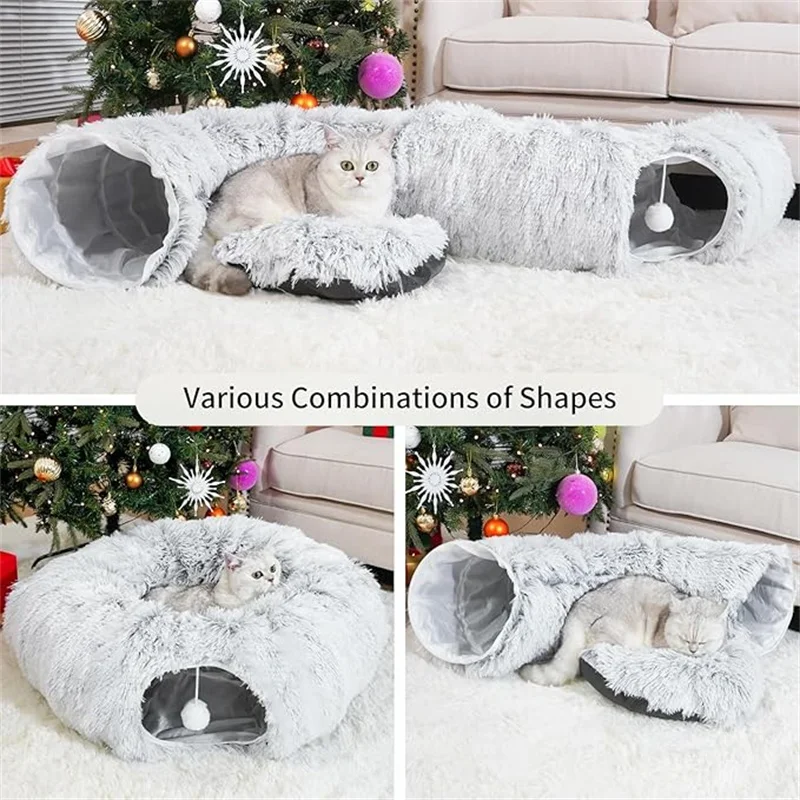 Túneles para gatos de interior, cama de túnel para gatos con cojín lavable, falda de árbol de Navidad de túnel para gatos, túnel de donuts plegable - imagen 2