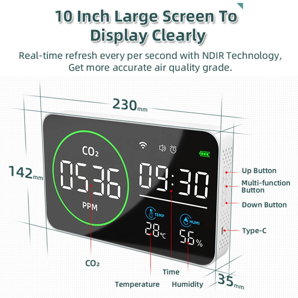 Monitor inteligente de Calidad del Aire 4 en 1, Sensor de CO2 IR para interiores, Detector de dióxido de carbono, alarma, reloj, probador de temperatura y humedad - imagen 3