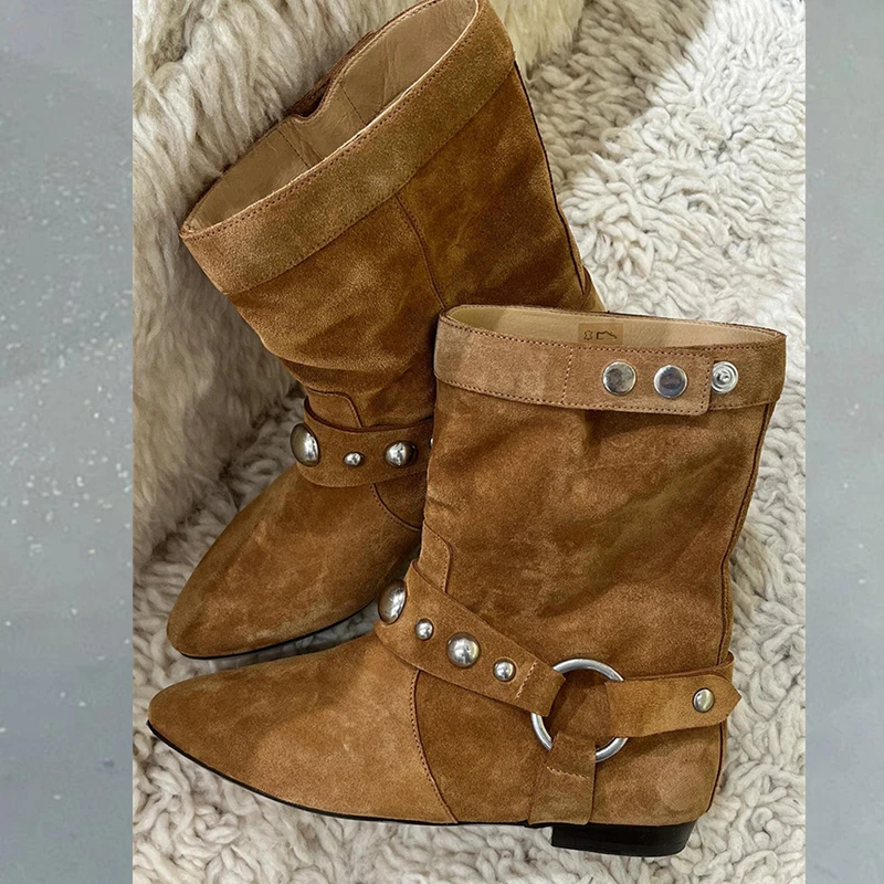 Otoño Invierno botas occidentales marrones De Mujer moda cinturón De Metal remache hebilla Zapatos planos casuales botines De Mujer - imagen 3