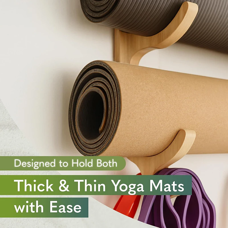 Soporte para esterilla de Yoga multifuncional de madera con 4 ganchos, estante para esterilla de Yoga, montaje en pared para aro de Fitness, banda de resistencia, cuerdas para saltar, gimnasio