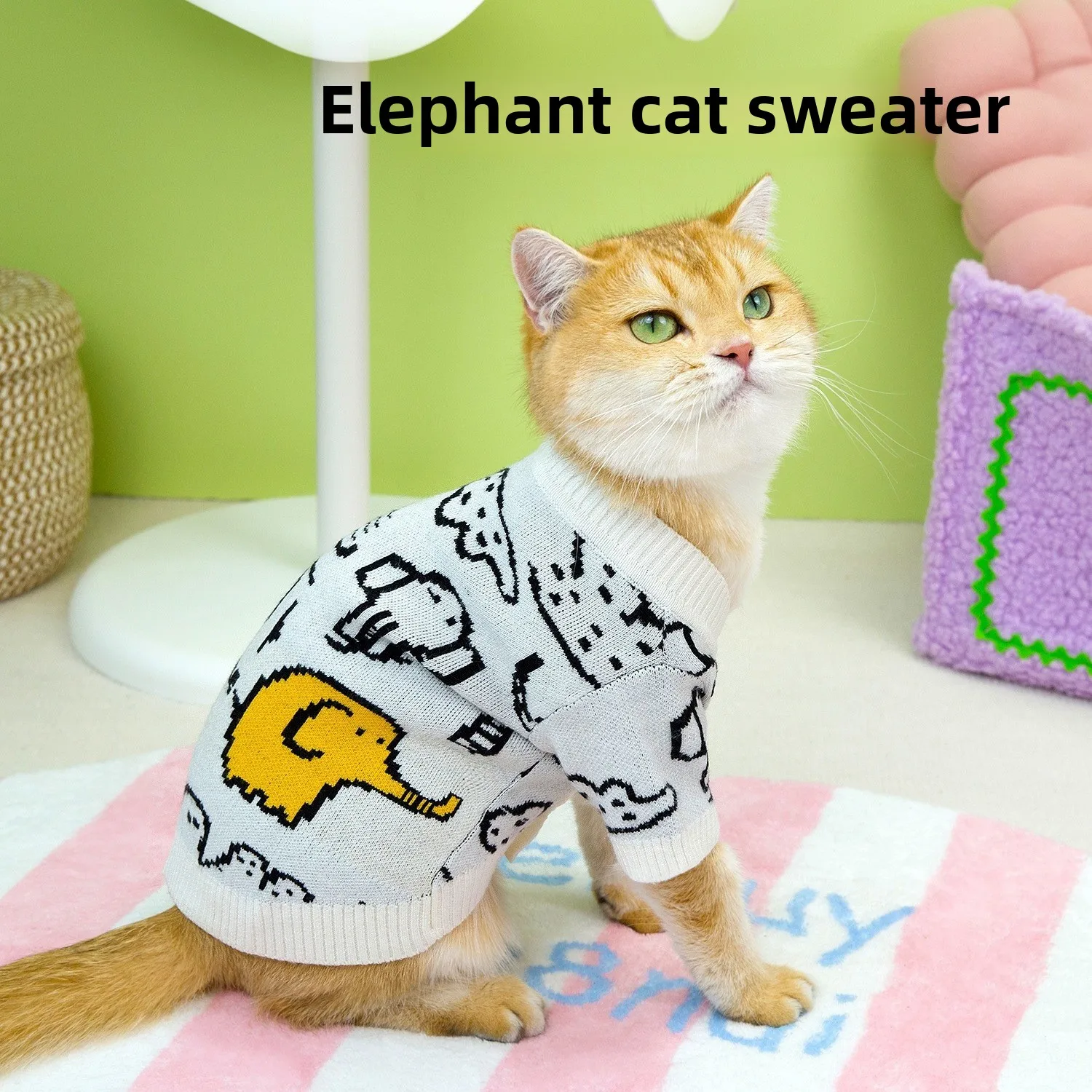 Nueva ropa de otoño e invierno para mascotas, suéter de gato con elefante de dibujos animados, suéter con gradiente dorado, ropa antipérdida de cabello con botones para mascotas