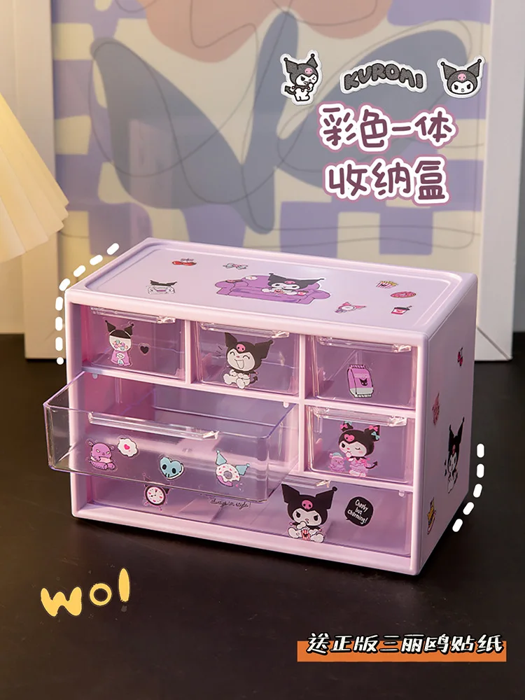 Sanrio-caja de almacenamiento de 6 rejillas, organizador transparente tipo cajón de escritorio, soporte para bolígrafo, enviar pegatinas de Cinnamoroll de melodía Kuromi - imagen 3