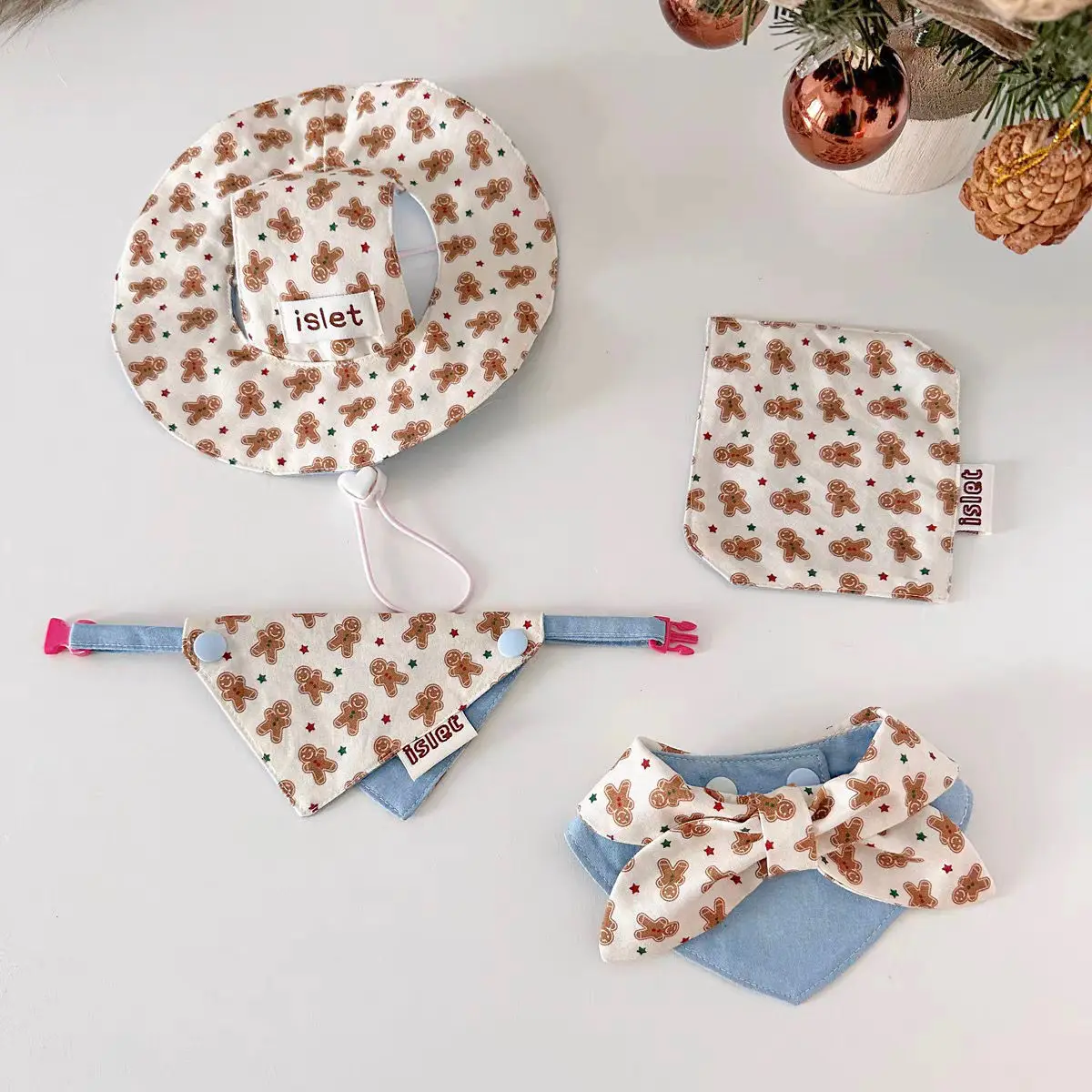 Man Print Triangle Scarf & Hat Set For Small Dogs And Cats Blue White Kawaii Pet Clothes, Adjustable Spring Summer Outfit - imagen 2