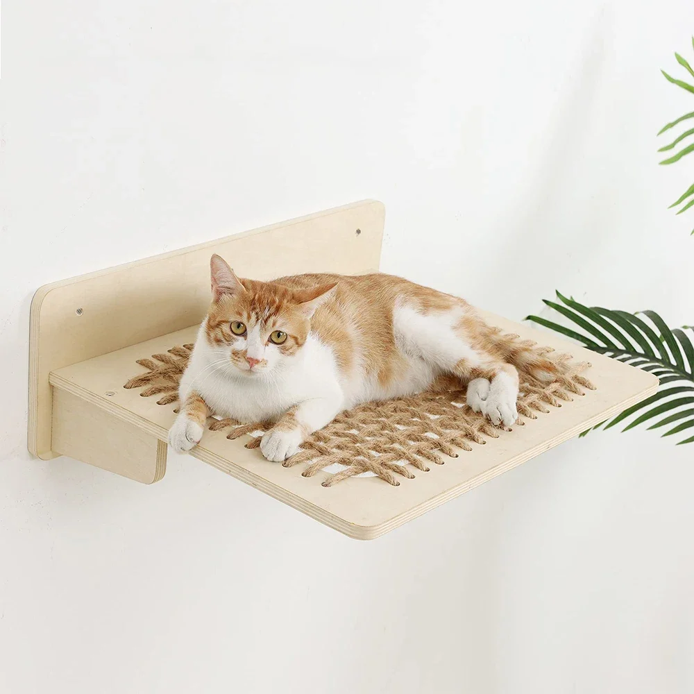 Cama de cuerda de cáñamo de madera maciza, plataforma colgante de madera para dormir para gatos, hamaca para saltar para gatos, superficie hecha de material de cuerda de cáñamo - imagen 4