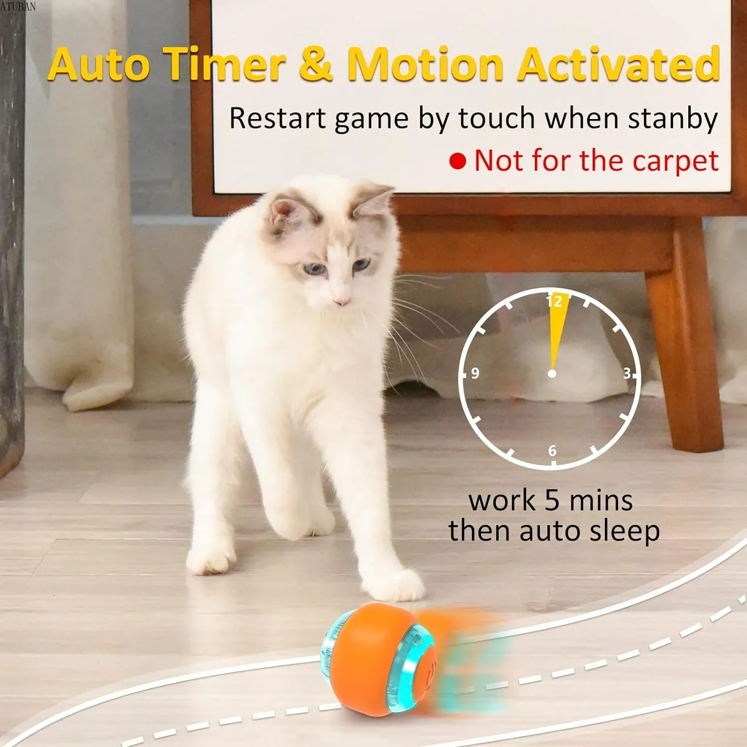 ATUBAN Bola de juguete para gato en movimiento, juguete para gato activado por movimiento para interiores, bola interactiva para gato, juguete inteligente para gato para ejercicio y entretenimiento - imagen 3